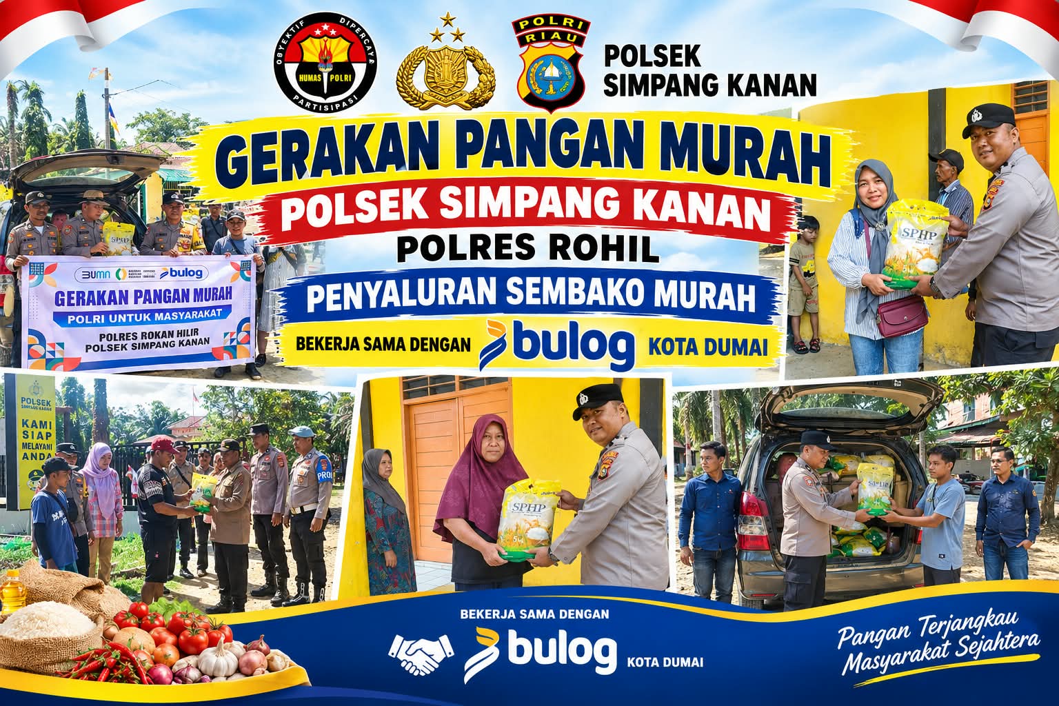 GERAKAN PANGAN MURAH POLSEK SIMPANG KANAN POLRES ROHIL, PENYALURAN SEMBAKO MURAH BEKERJA SAMA DENGAN BULOG KOTA DUMAI